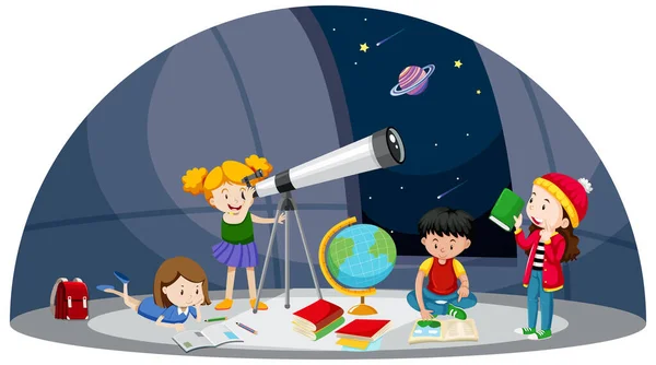 子供たち天文台のイラストで望遠鏡で惑星を見る — ストックベクタ