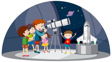 Teleskop illüstrasyonuna bakan çocukların olduğu astronomi teması