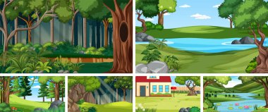 Birçok ağaç ve nehir resimli doğa sahnesi