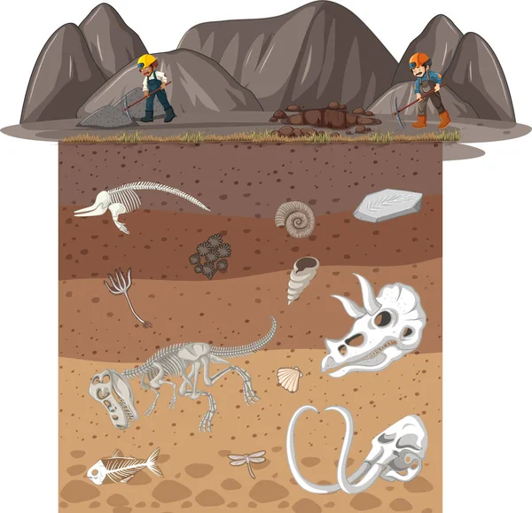 Ein Bergmann Boden Und Fossile Illustration Unter Der Erde — Stockvektor