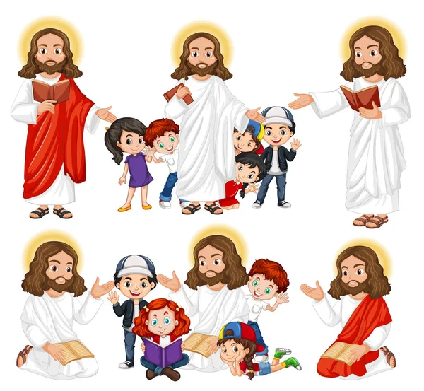 Holyman Muitas Crianças Com Ilustração Bíblica — Vetor de Stock