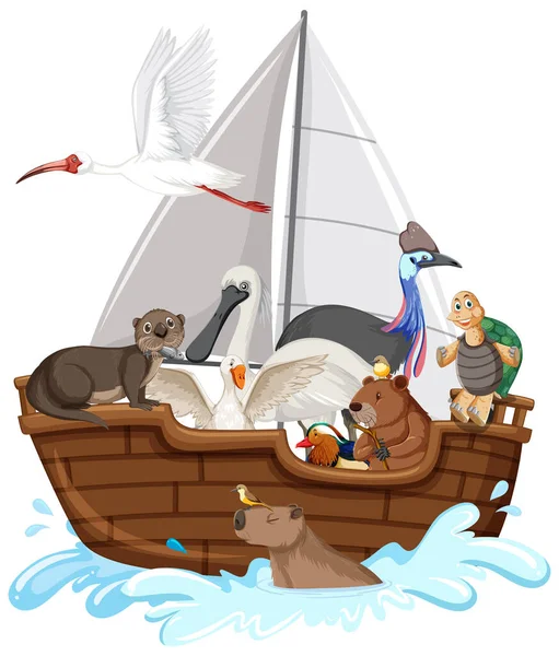Muchos Animales Barco Ilustración — Vector de stock