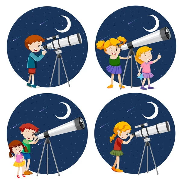Set Van Verschillende Kinderen Met Behulp Van Telescoop Illustratie — Stockvector