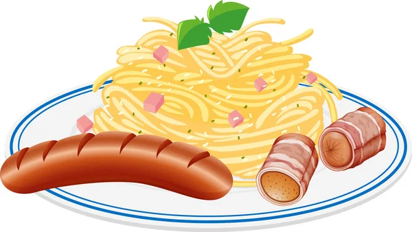 Spaghetti Und Wurst Auf Einem Teller — Stockvektor