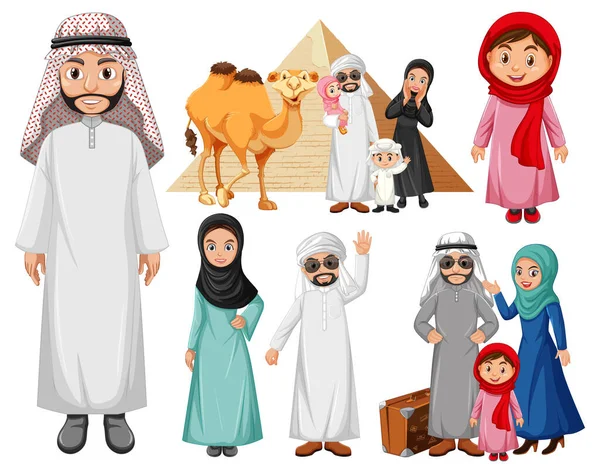 Arab Emberek Tevével Piramissal Illusztrálva — Stock Vector