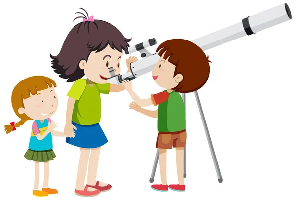 Dzieci Patrzące Przez Ilustrację Teleskopu — Wektor stockowy