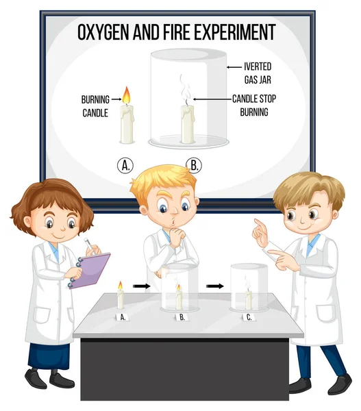 Científico Niños Con Oxígeno Fuego Experimento Ilustración — Vector de stock