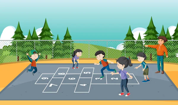 Kinder Spielen Hopscotch Spiel Park Illustration — Stockvektor