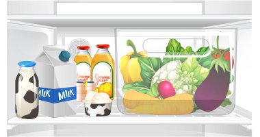 Buzdolabının içinde yemek çizimleri var.