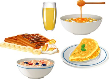 Mısır gevreği, waffle ve omlet resimli kahvaltı seti.
