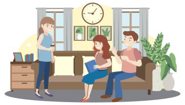 İnsanlar oturma odasında resim çizerek vakit geçiriyorlar.