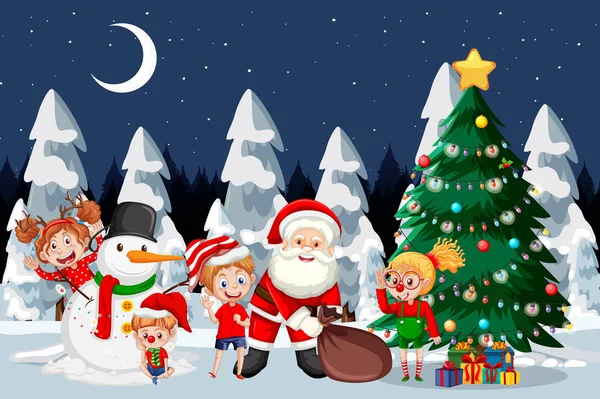 Santa Children Celebrating Christmas Night Illustration — Stock Vector