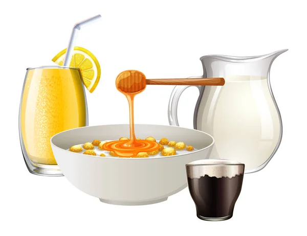 Set Petit Déjeuner Avec Céréales Jus Fruits Illustration Lait — Image vectorielle
