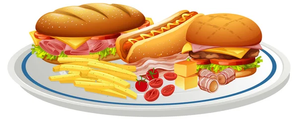 Diferentes Fast Food Definido Uma Ilustração Placa — Vetor de Stock