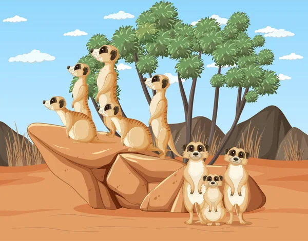 Cena Deserto Com Grupo Meerkats Ilustração —  Vetores de Stock