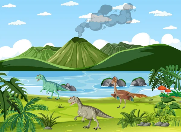 Escena Natural Con Árboles Las Montañas Con Ilustración Dinosaurios — Vector de stock