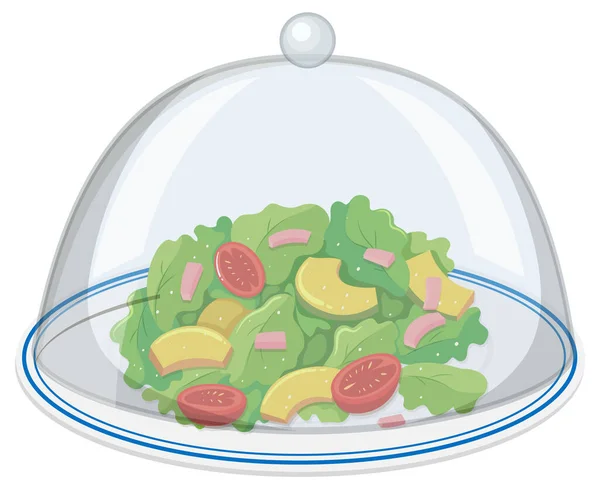 Teller Mit Grünem Salat Mit Glasabdeckung Auf Weißem Hintergrund — Stockvektor