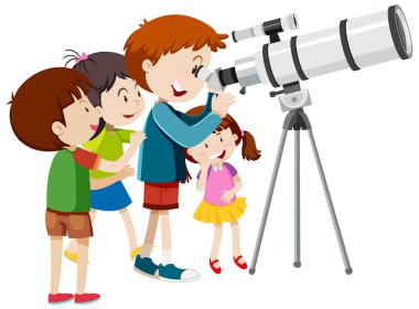 Teleskop illüstrasyonuyla bakan çocuklar
