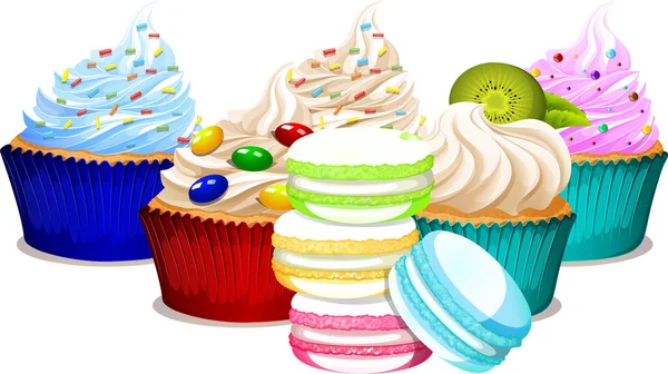 Lahodné Cupcakes Makaroon Kreslený Set Ilustrace — Stockový vektor