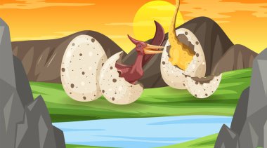 Dinozor resimli dağlardaki ağaçların olduğu doğa sahnesi