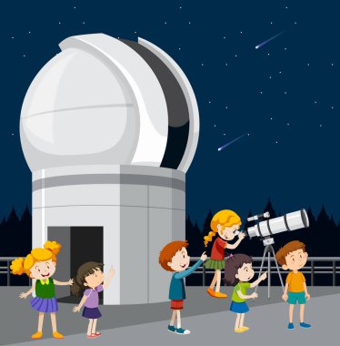 Çocukların yıldız resimlerine baktığı astronomi teması