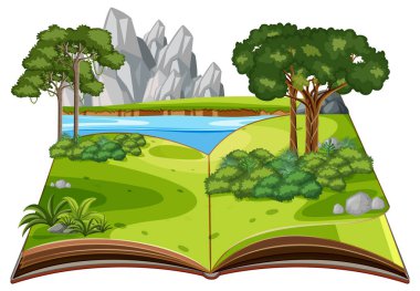 Pop up kitap açık doğa sahne çizim ile