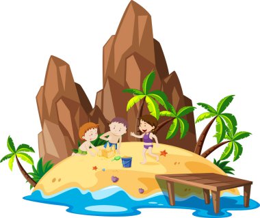 Sahilde kum oynayan üç çocuk.