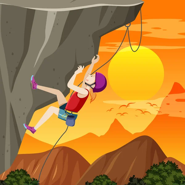 Rock Climber Cliff Sunset Time Illustration — Stock Vector