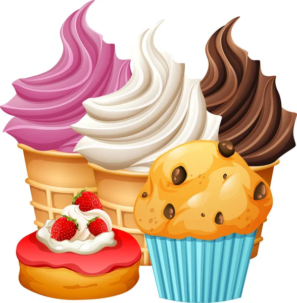 Leckere Cupcakes Und Muffin Cartoon Set Illustration — Stockvektor