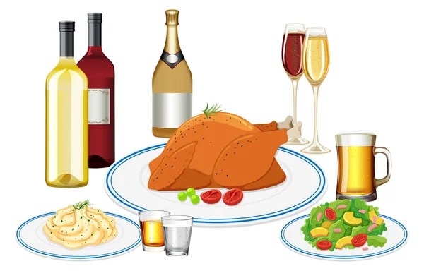 Makan Malam Diatur Dengan Anggur Dan Ayam Dan Salad Ilustrasi - Stok Vektor