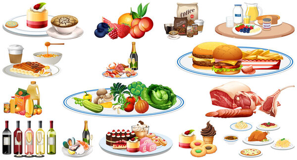 Набор различных продуктов питания и напитков иллюстрации