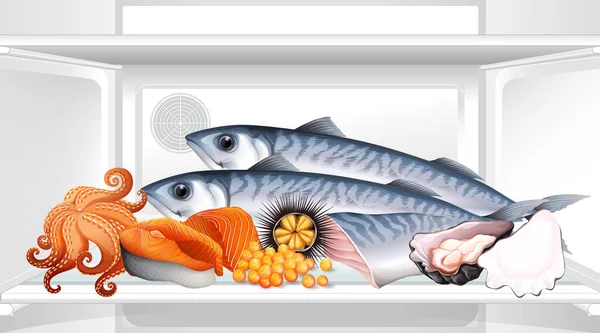 Interno Del Frigorifero Con Illustrazione Frutti Mare — Vettoriale Stock