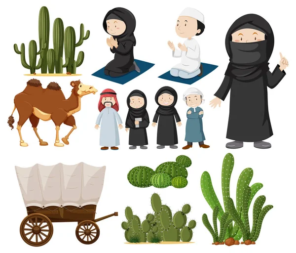 Arabo Persone Con Piante Cactus Illustrazione — Vettoriale Stock