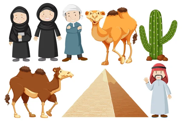 Popolo Arabo Con Cactus Piramide Illustrazione — Vettoriale Stock