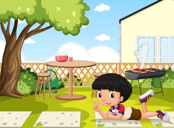 Mały Chłopiec Ogrodzie Ilustracji — Wektor stockowy