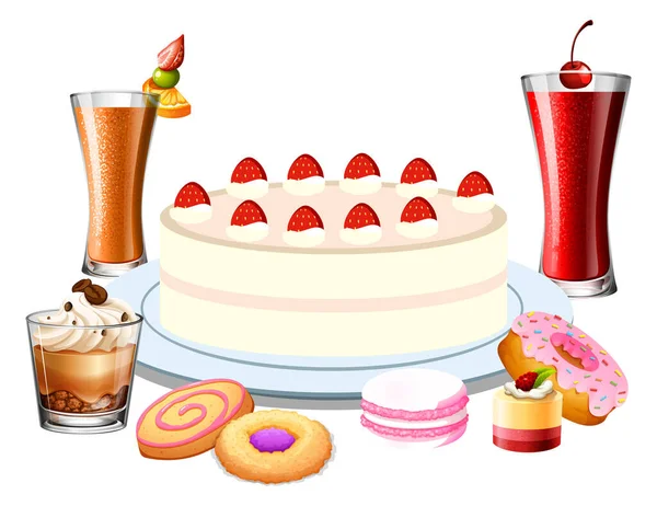 Delicious Desserts Drinks Cartoon Set Illustration — ストックベクタ