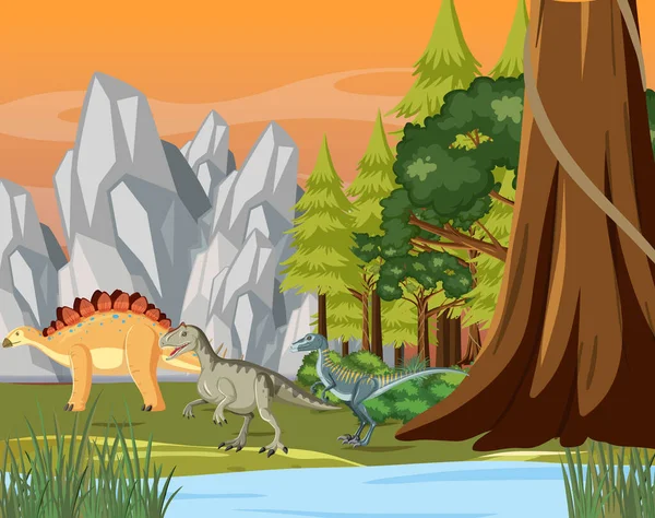 Jelenet Dinoszauruszok Erdőben Illusztráció — Stock Vector