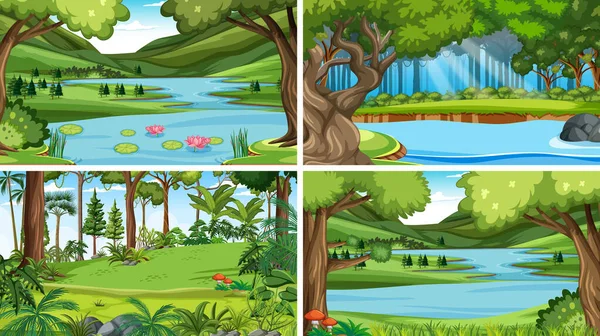 Scena Przyrodnicza Wieloma Drzewami Ilustracją Rzeki — Wektor stockowy