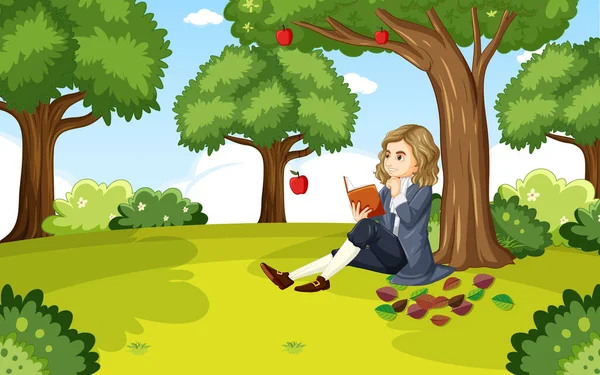 Isaac Newton Sentado Sob Ilustração Macieira —  Vetores de Stock