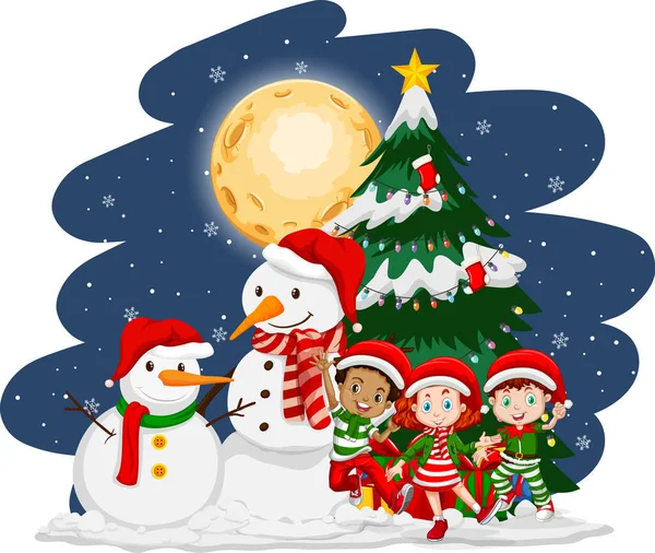 Noche Navidad Con Niños Felices Trajes Navidad Ilustración — Vector de stock