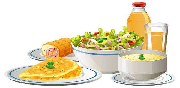 Set Desayuno Con Sopa Ensalada Ilustración Omlet — Archivo Imágenes Vectoriales