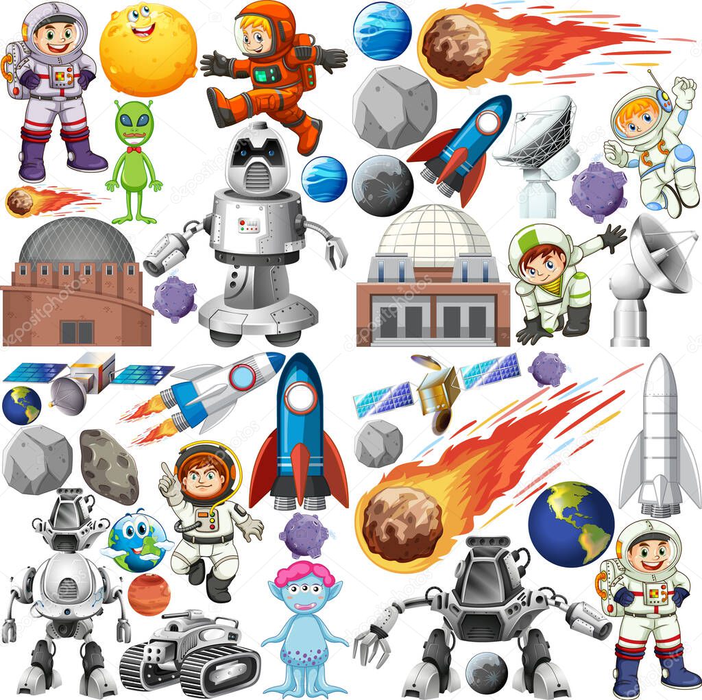 Set of space objects on white background illustration