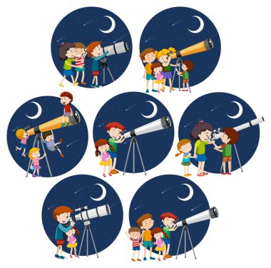 Gece çizimlerinde teleskopla bakan bir grup çocuk.