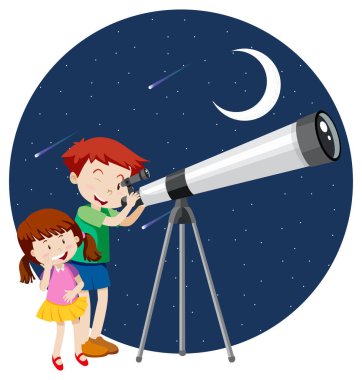 Mutlu çocuklar gece gökyüzünü teleskopla izlerler.