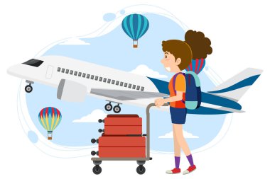 Düz tasarım illüstrasyonunda seyahat etmeye hazır bir kadın.