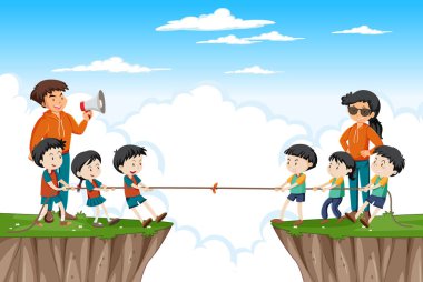 Çocuklar birlikte ip çekme oyunu oynuyor.