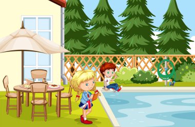 Park illüstrasyonunda çocukların olduğu sahne