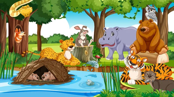Wilde Tiere Zeichentrickfiguren Wald Szene Illustration — Stockvektor
