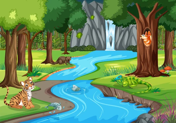 Wild Animals Cartoon Characters Forest Scene Illustration — Stock Vector