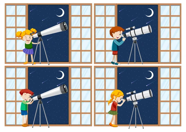 Ensemble Différents Enfants Observent Ciel Nocturne Avec Illustration Télescope — Image vectorielle